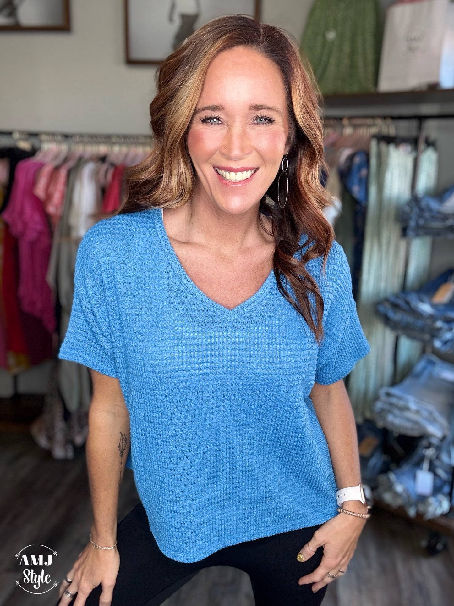 Drop Shoulder V Neck Top - Sky Blue