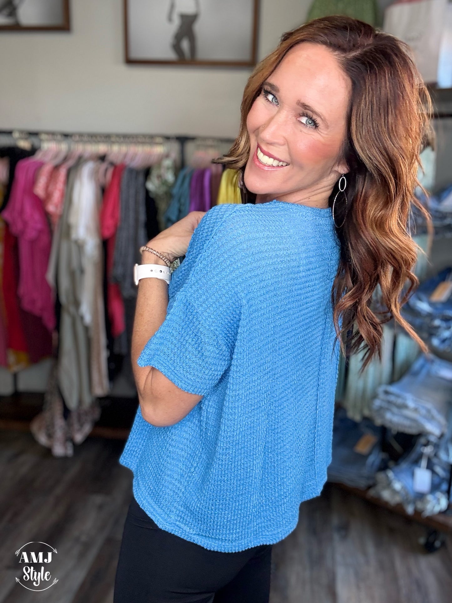 Drop Shoulder V Neck Top - Sky Blue