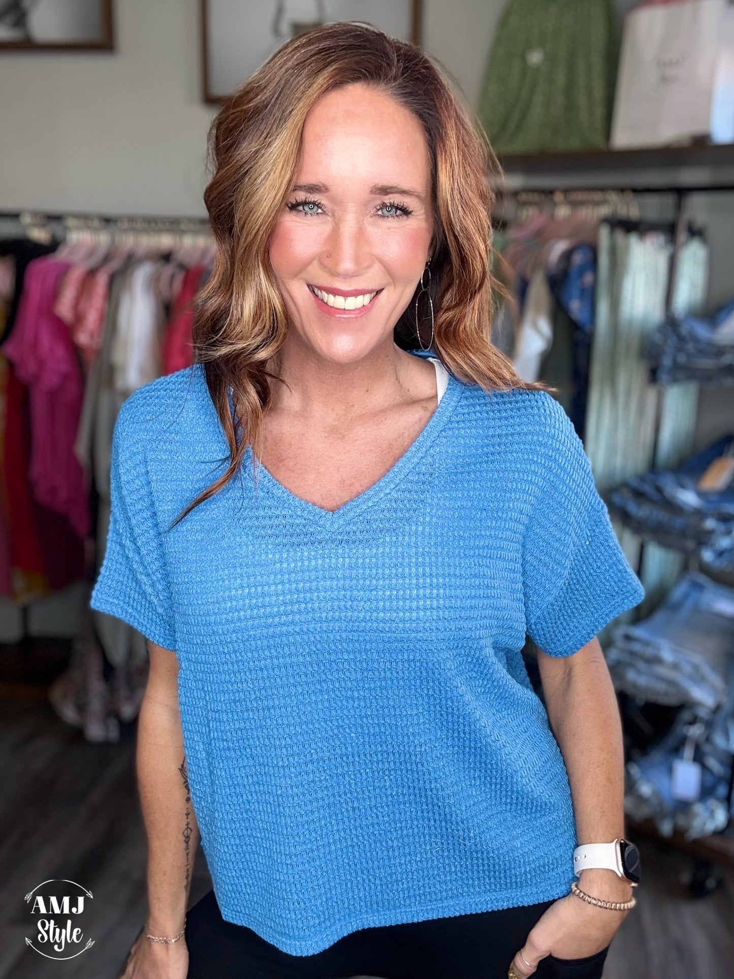 Drop Shoulder V Neck Top - Sky Blue