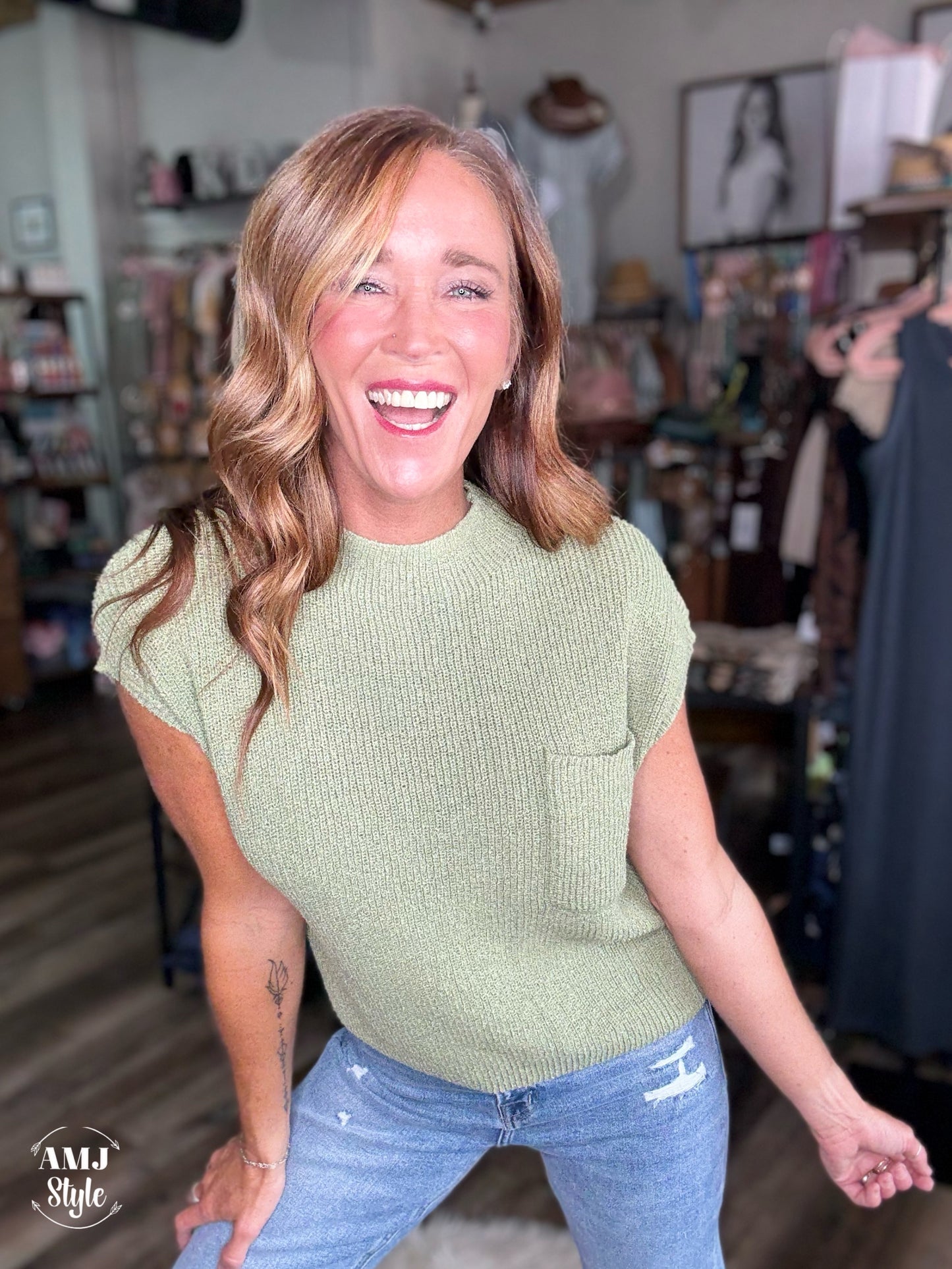 Knitted Hug Sweater Top - Sage