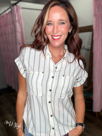 Cocoa Striped Linen Top