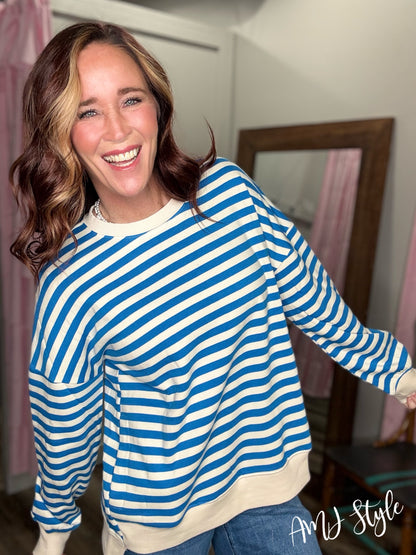 The Allie Stripe Pullover - Ocean Blue
