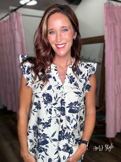 Navy Floral Ruffle Top