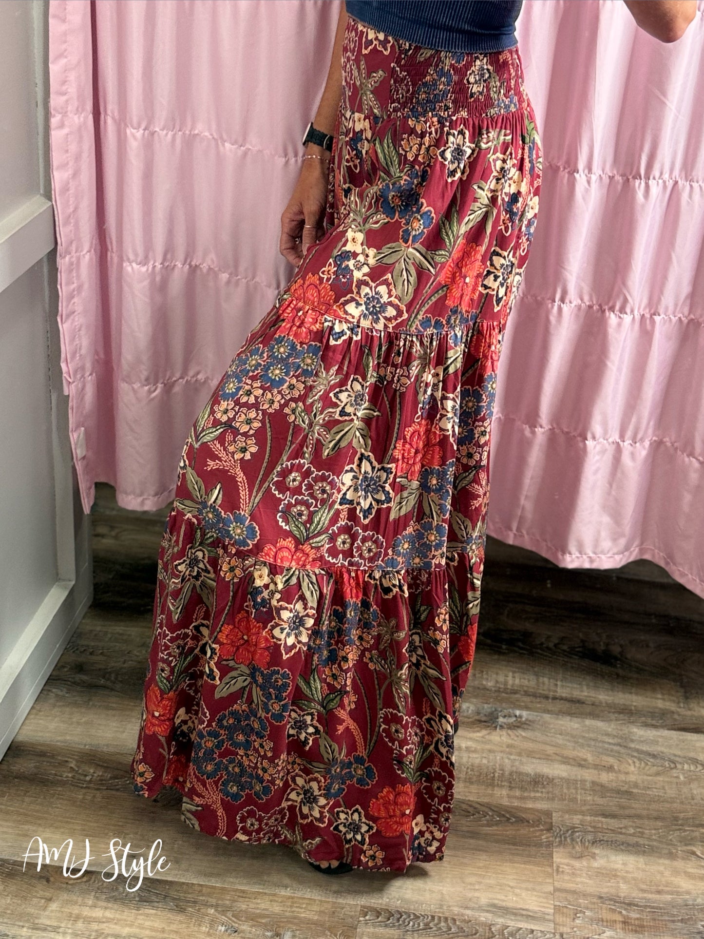 Cascading Floral Pants - Wine Floral