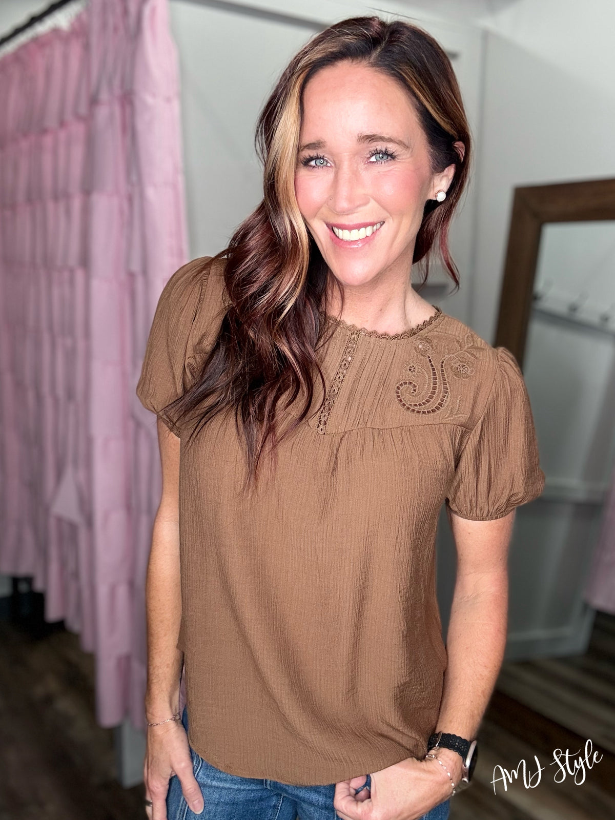 Eyelet Lace Top - Brown