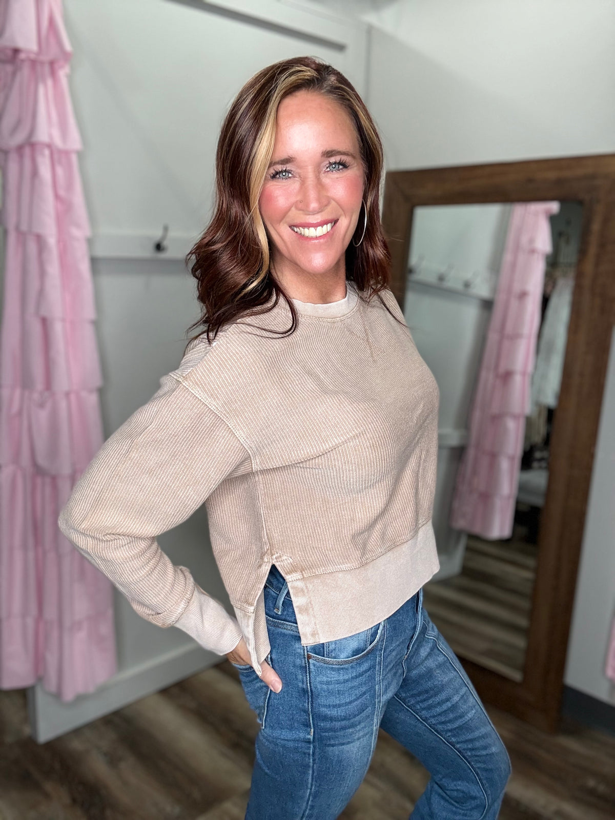 Luxe Corded Crew Side Slit - Mocha