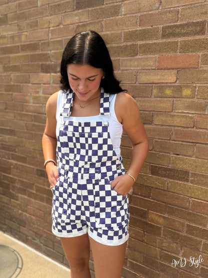 Purple Check Overall Shorts