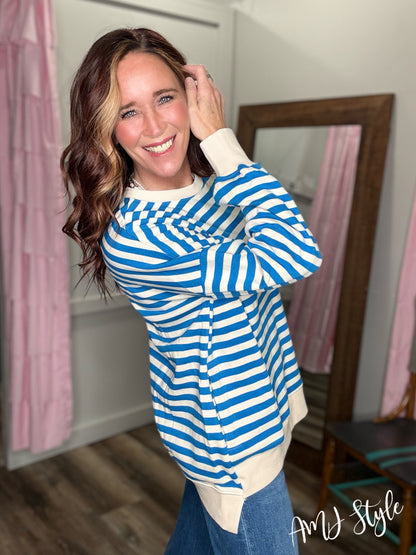 The Allie Stripe Pullover - Ocean Blue