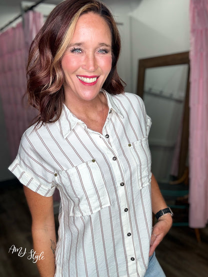 Cocoa Striped Linen Top