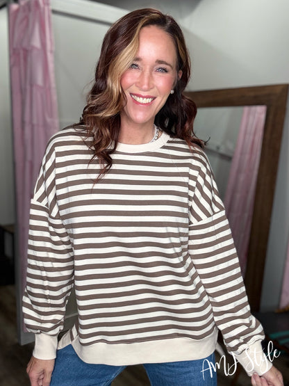 The Allie Stripe Pullover - Mocha