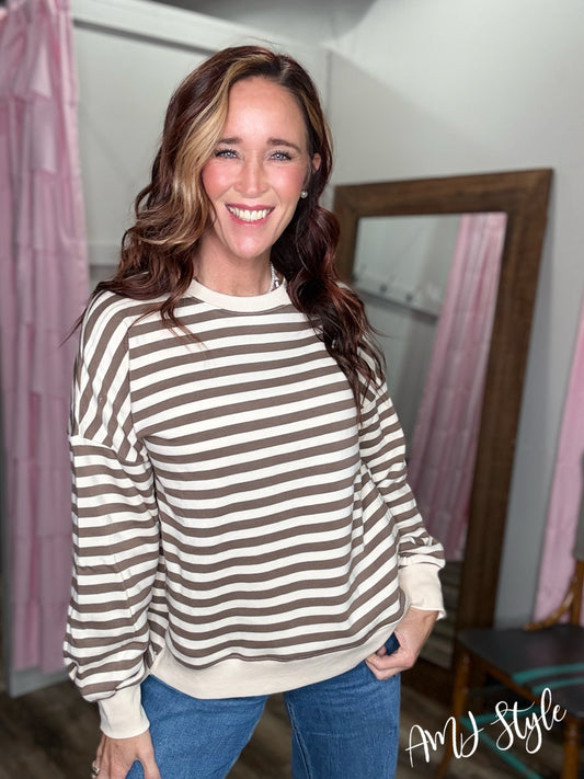 The Allie Stripe Pullover - Mocha