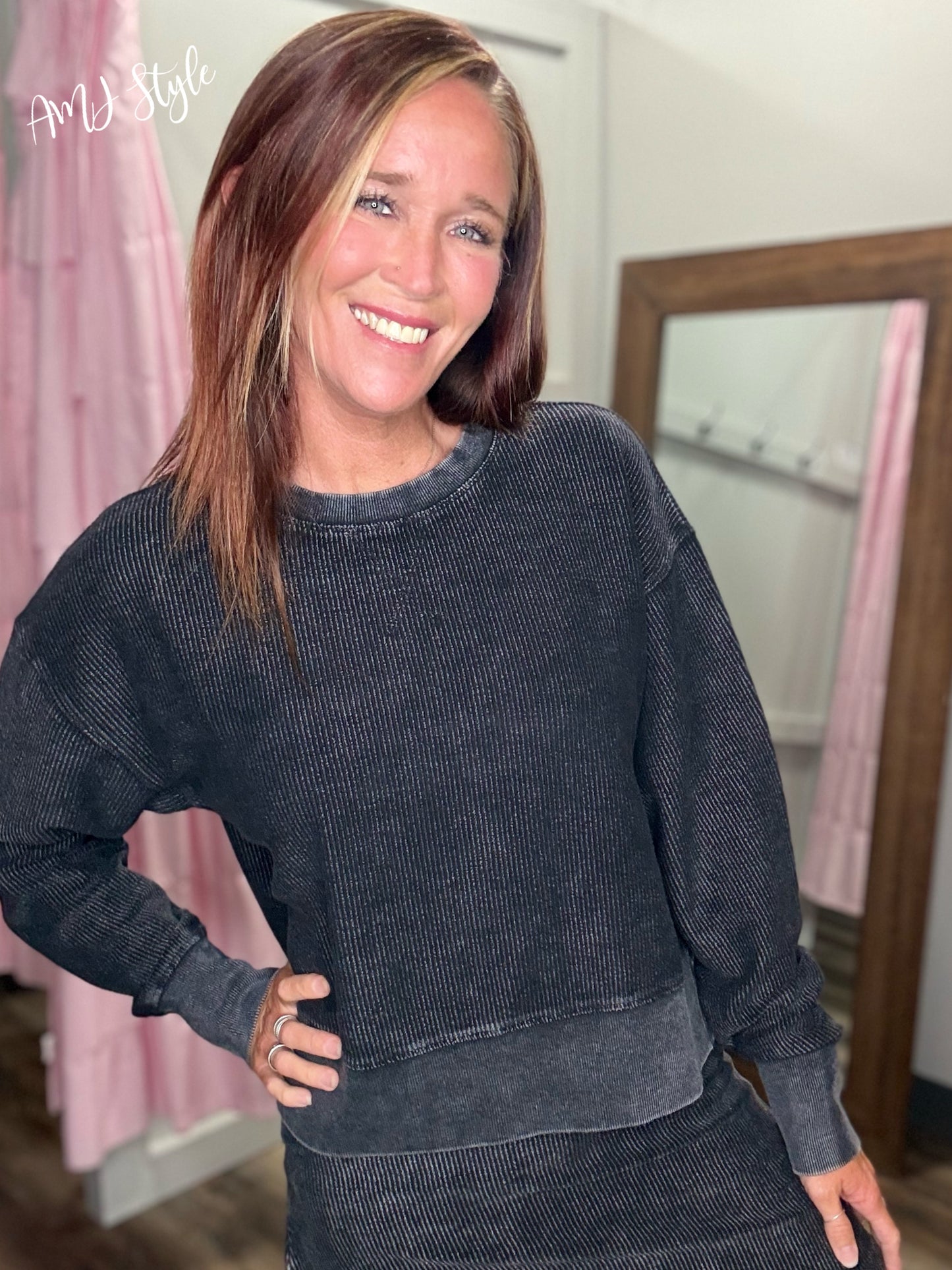 Luxe Corded Crew Side Slit - Washed Black