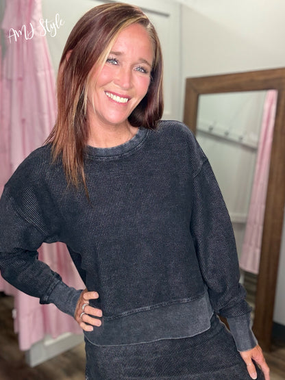 Luxe Corded Crew Side Slit - Washed Black