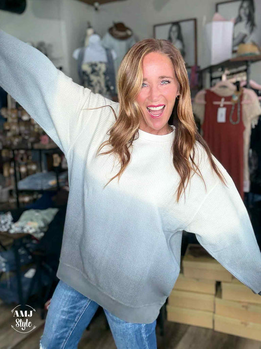 Luxe Ombre Corded Crew Sweatshirt - Ivory/Black