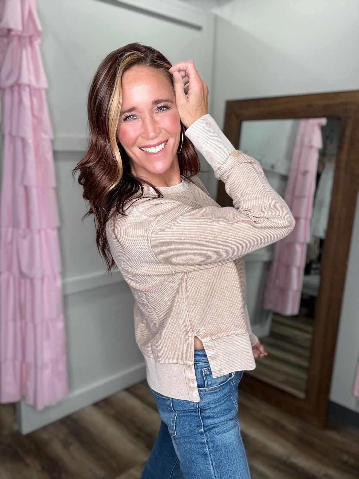 Luxe Corded Crew Side Slit - Mocha