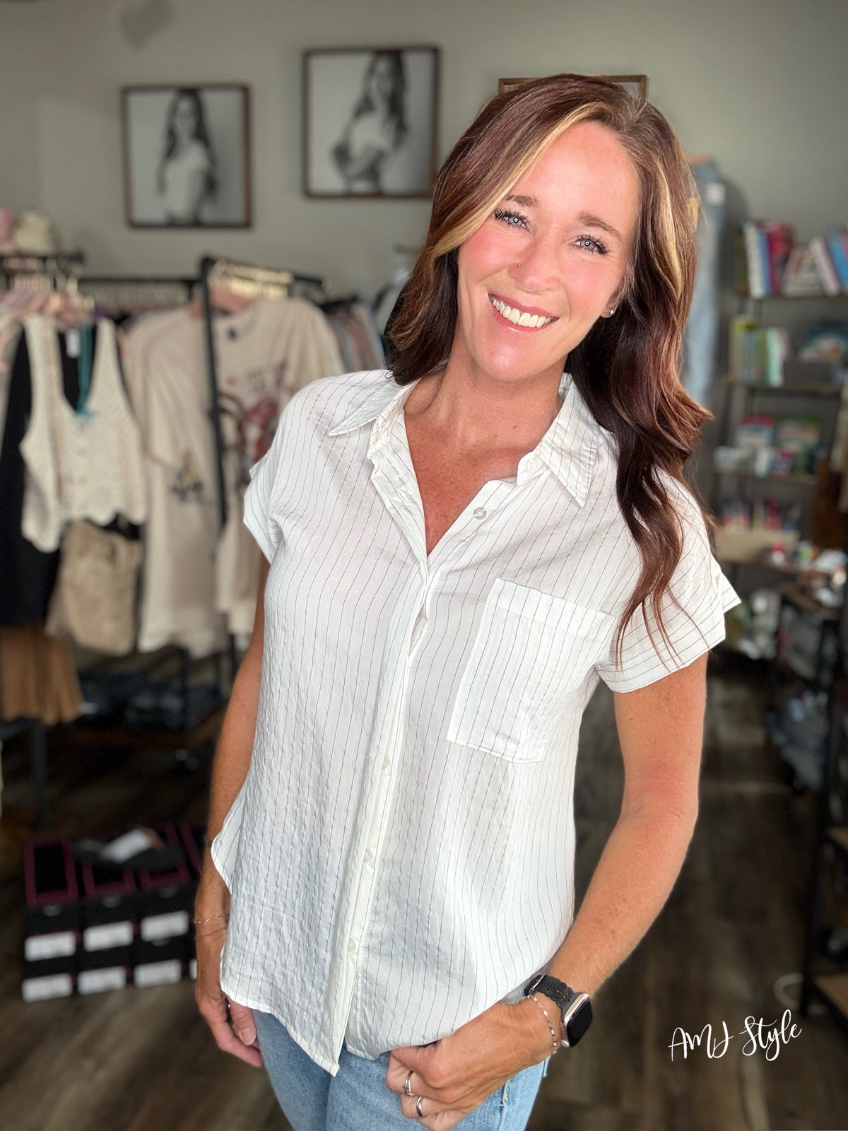 City Chic Pinstripe Short Sleeve Shirt