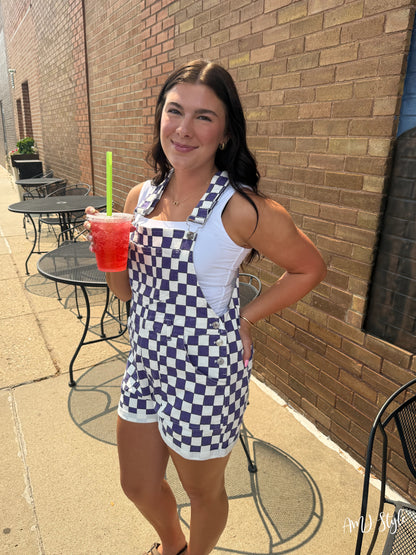 Purple Check Overall Shorts