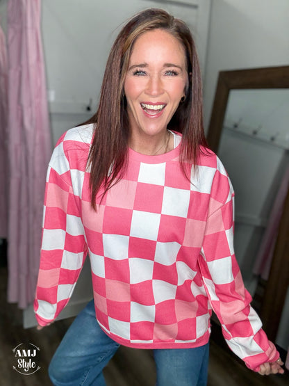 Pink Checkered Corded Crew