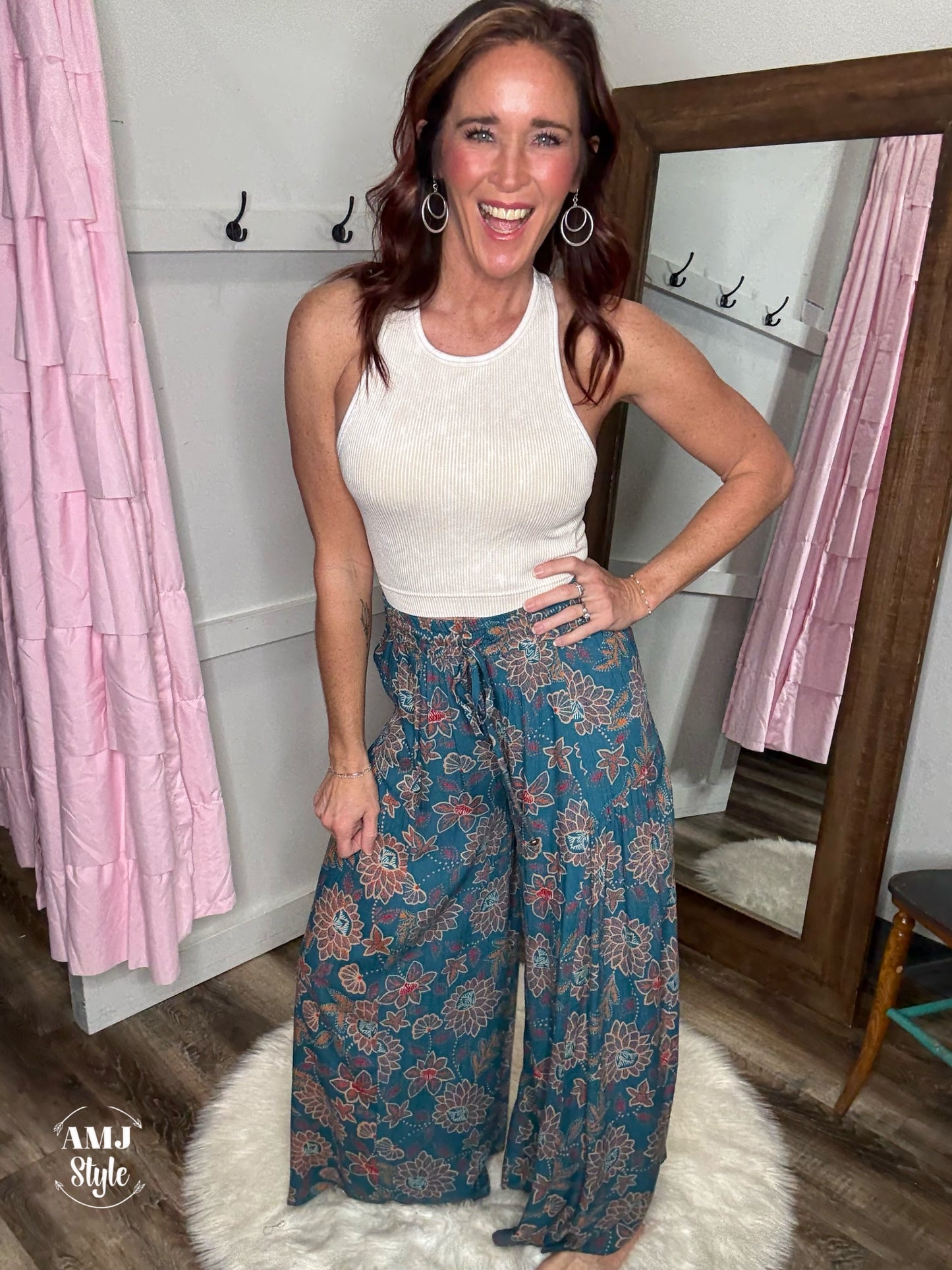 Wanderlust Wide Leg Pants - Teal Floral