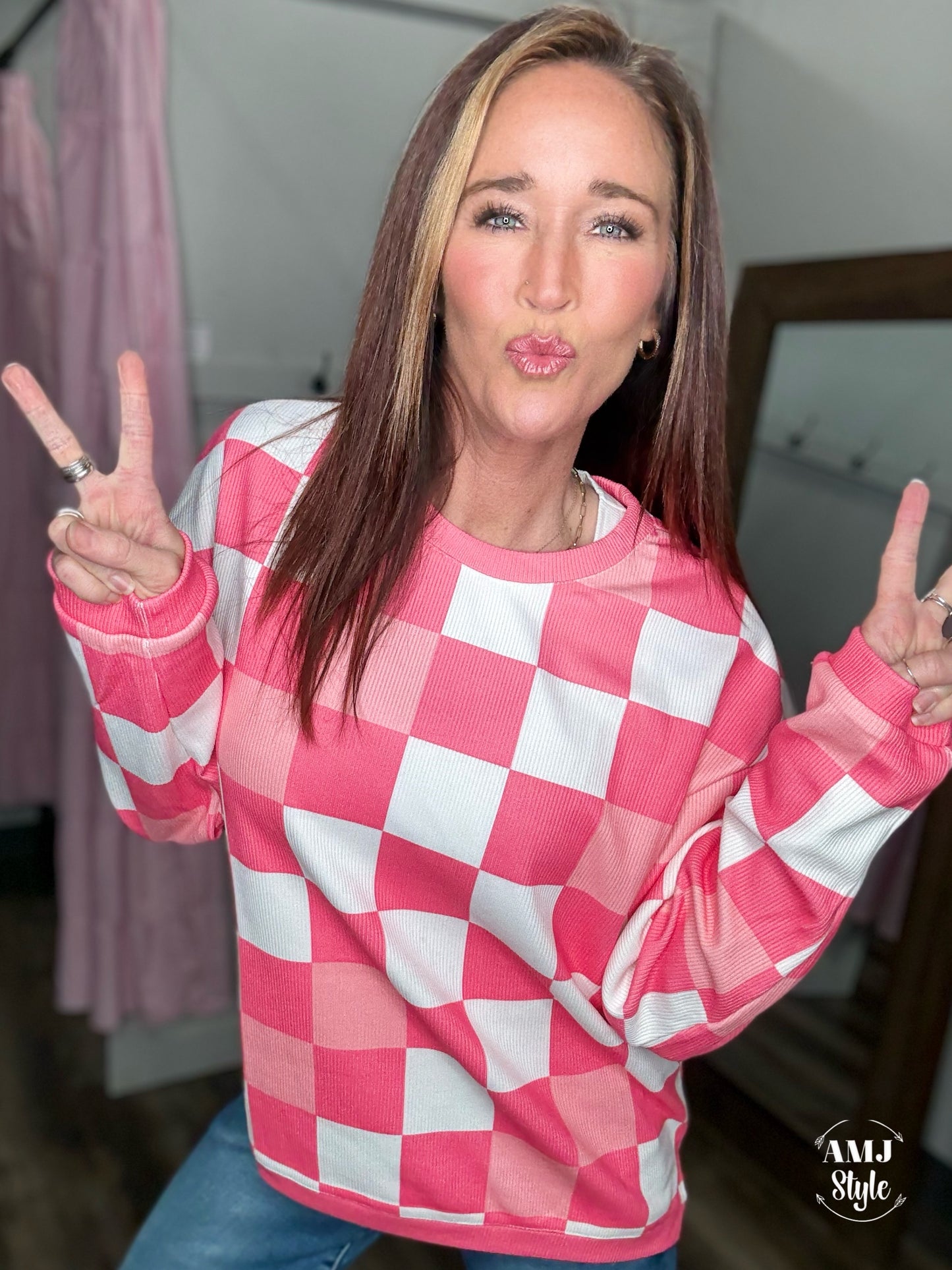 Pink Checkered Corded Crew
