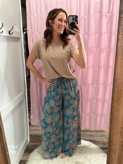 Wanderlust Wide Leg Pants - Teal Floral