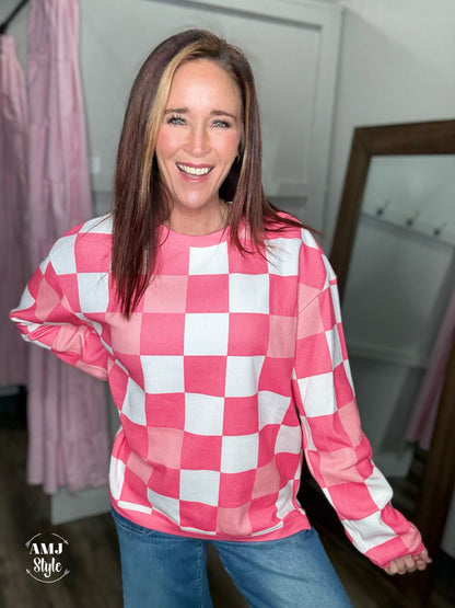 Pink Checkered Corded Crew