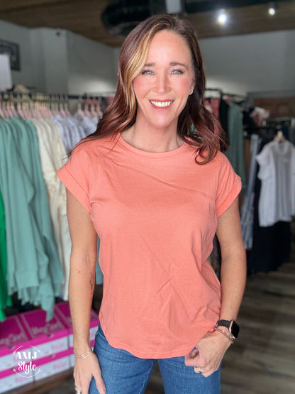 Round Neck Double Cap Sleeve Tee - Coral