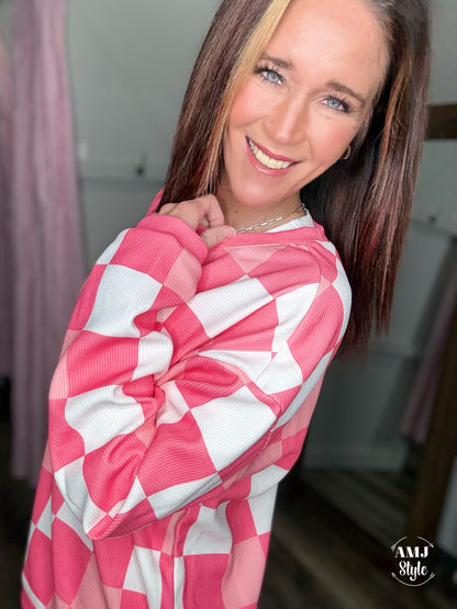 Pink Checkered Corded Crew