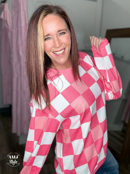 Pink Checkered Corded Crew