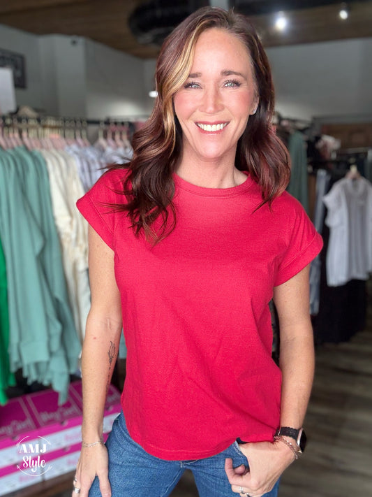 Round Neck Double Cap Sleeve Tee - Ruby