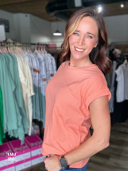 Round Neck Double Cap Sleeve Tee - Coral