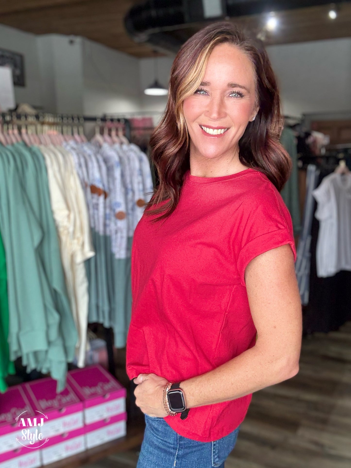 Round Neck Double Cap Sleeve Tee - Ruby