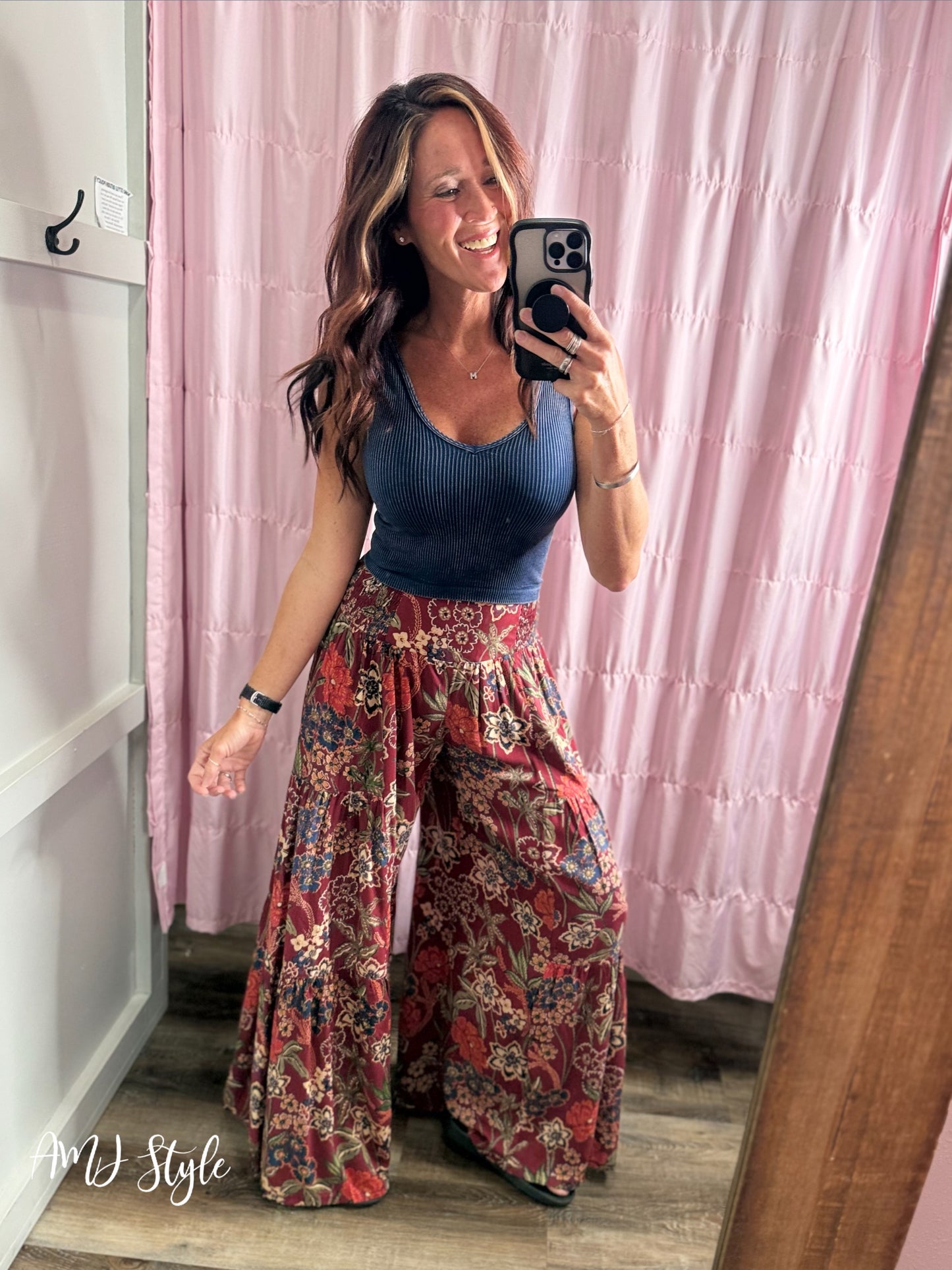 Cascading Floral Pants - Wine Floral