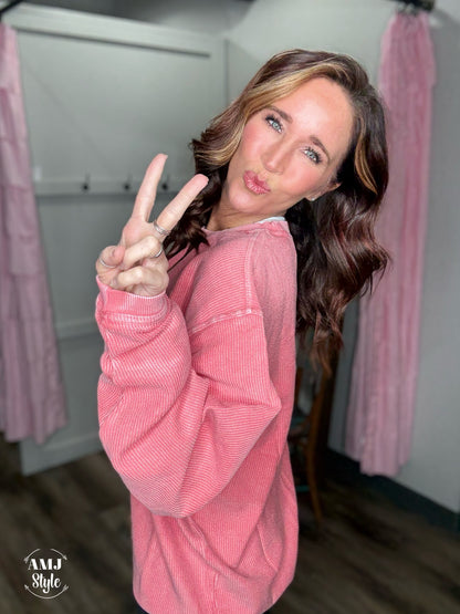 Luxe Corded Crew Sweatshirt - Tea Rose