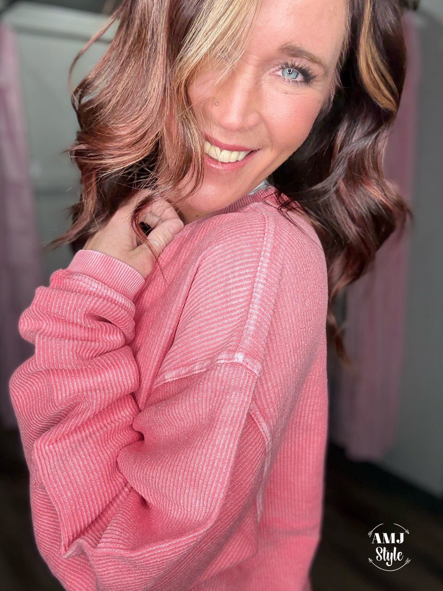Luxe Corded Crew Sweatshirt - Tea Rose