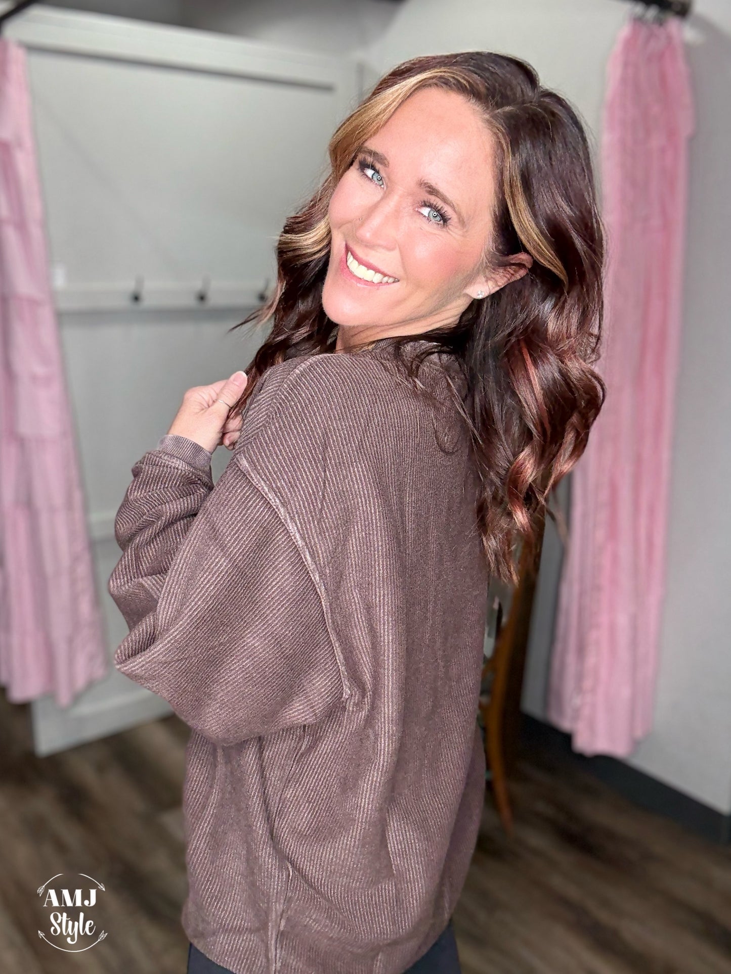 Luxe Corded Crew Sweatshirt - Chocolate