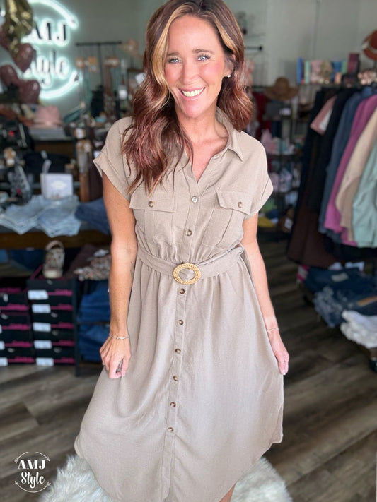 Classic Khaki Midi Dress