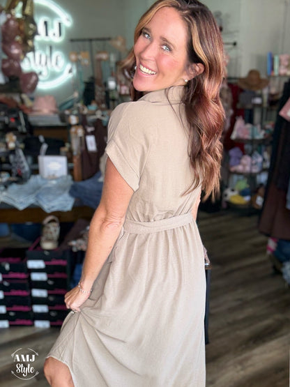 Classic Khaki Midi Dress