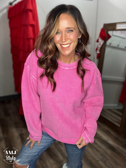 Luxe Corded Crew Sweatshirt - Deep Pink