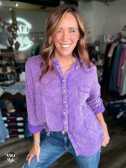 Vintage Wash Button Down - Purple