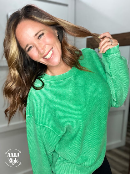 Luxe Corded Crew Sweatshirt - Kelly Green