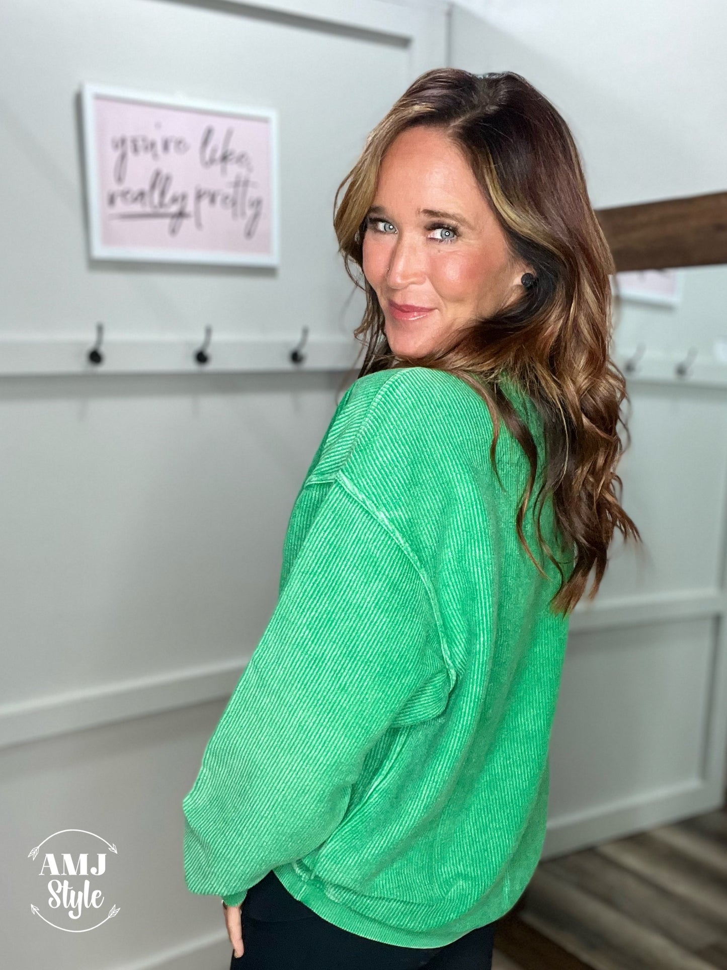 Luxe Corded Crew Sweatshirt - Kelly Green