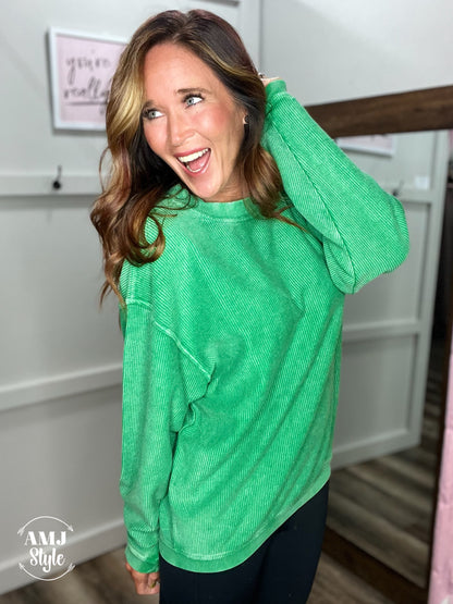 Luxe Corded Crew Sweatshirt - Kelly Green