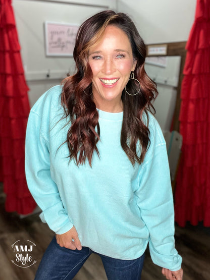 Luxe Corded Crew Sweatshirt - Aqua