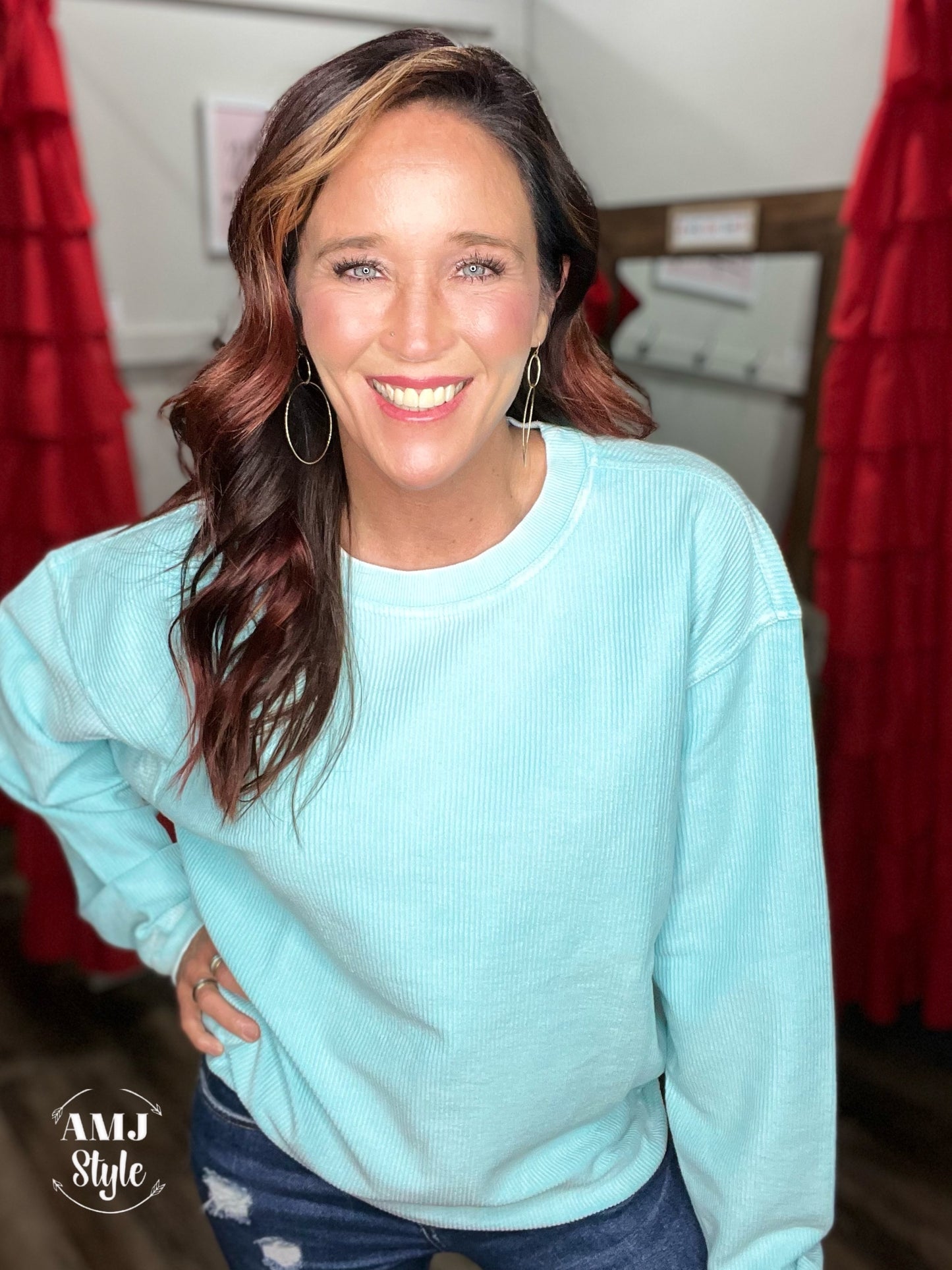 Luxe Corded Crew Sweatshirt - Aqua