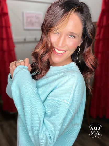 Luxe Corded Crew Sweatshirt - Aqua