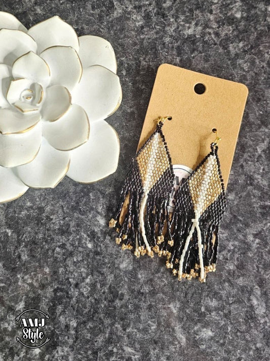 Black Bead Fringe Dangle Earrings