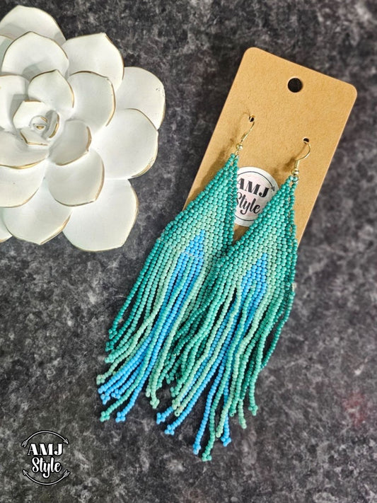 Sea Green Bead Fringe Dangle Earrings