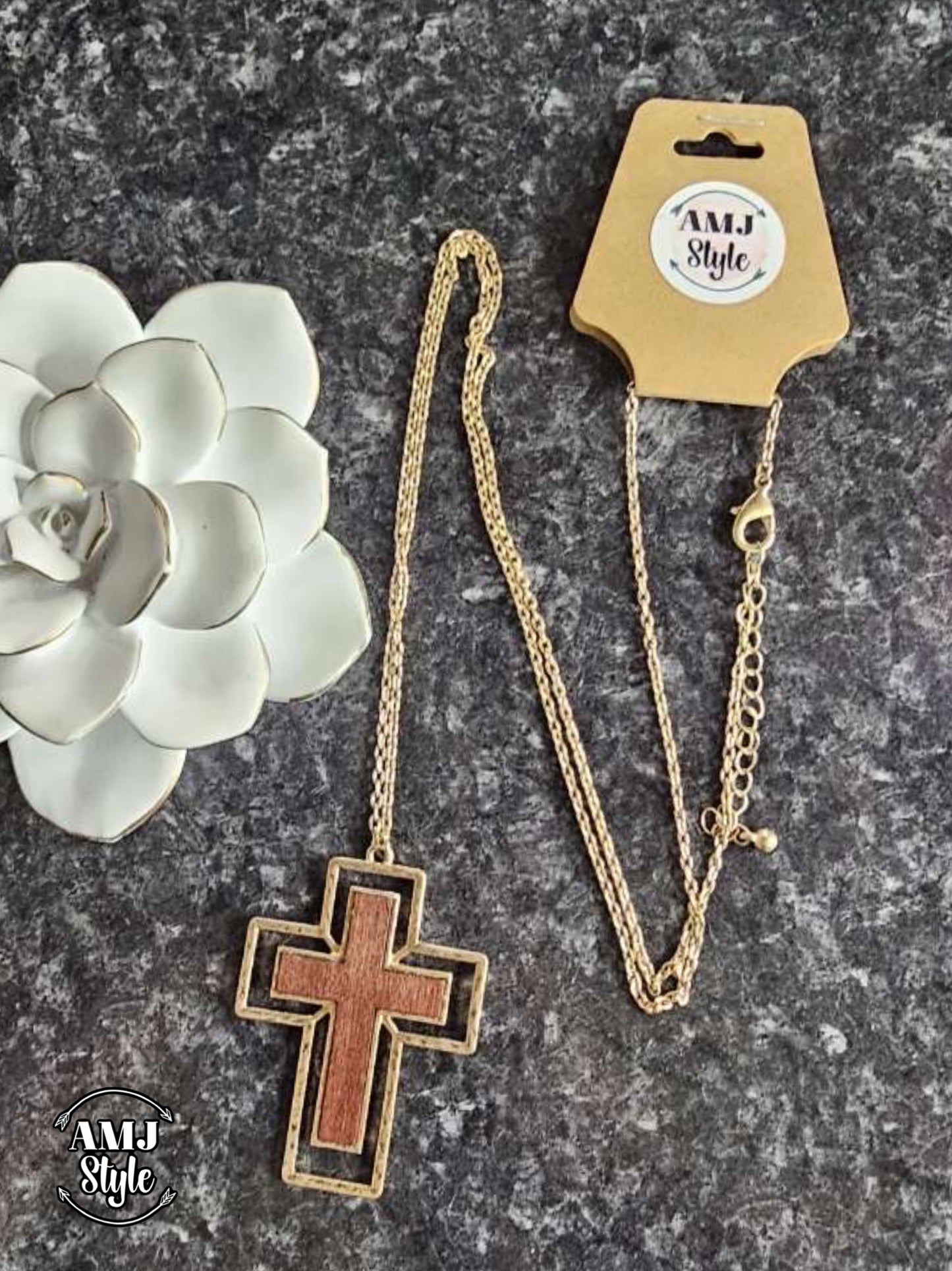 Wooden Cross Long Necklace