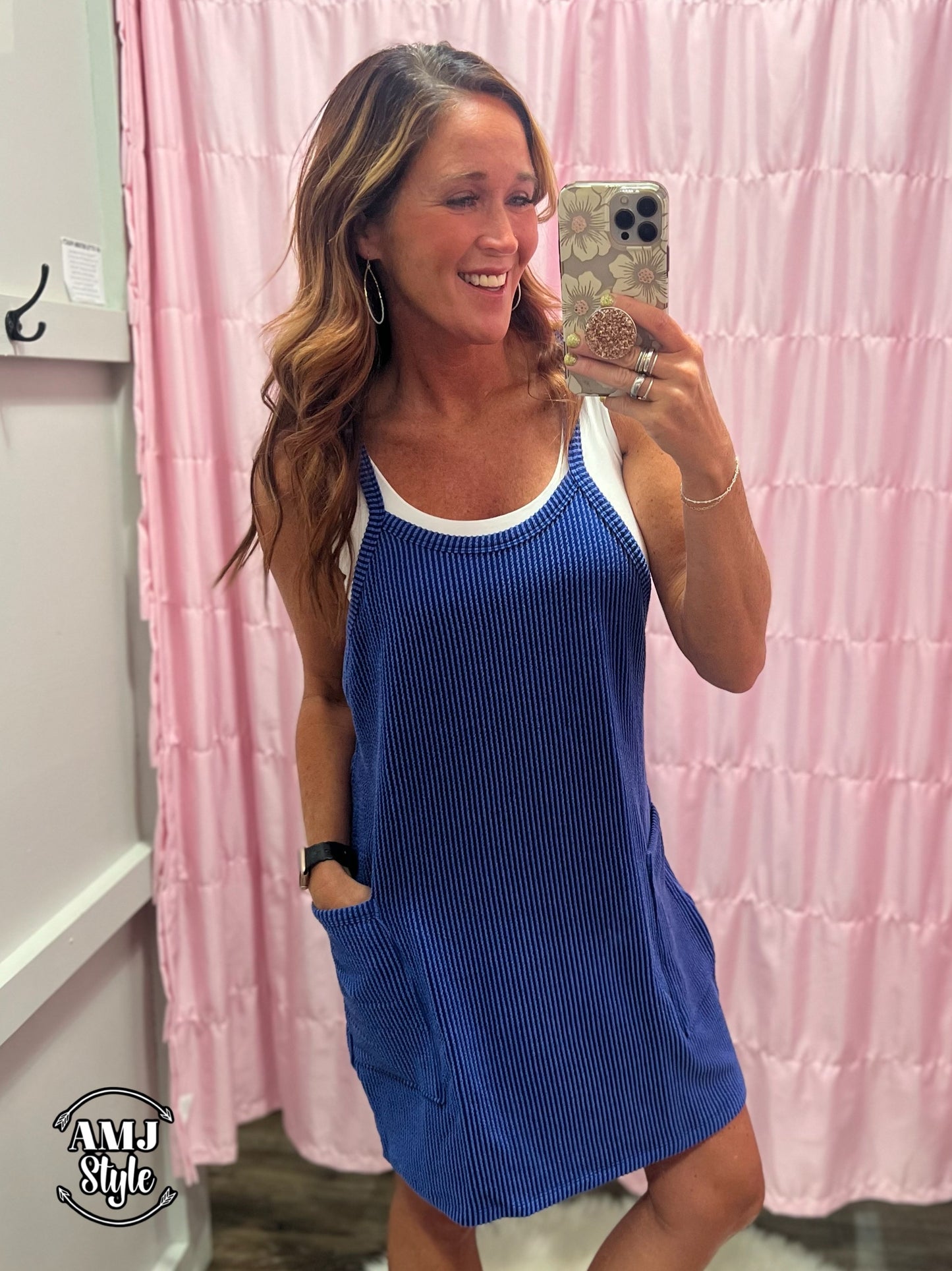 Wave Ribbed Tank Dress - Royal Blue